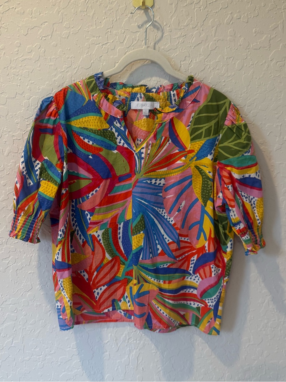 Women’s Sugarlips Tropical Leaf Print Puff-Sleeve Top - Multicolor - Size Medium